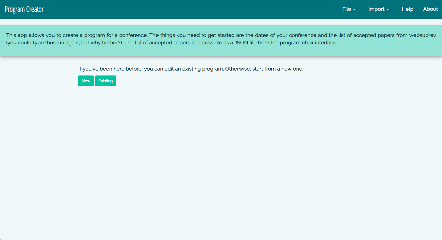 Screenshot of the editor, done in shades of teal, with two buttons asking if you're making a new program or opening an existing one. A navbar runs along the top with more options, including help.