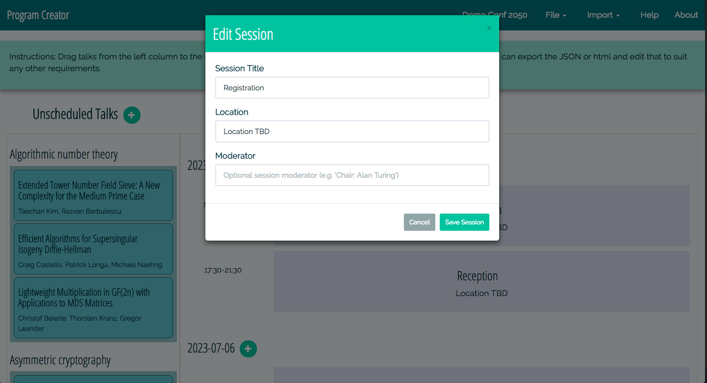 The modal for editing a session, where you can set the title, location, and moderator.