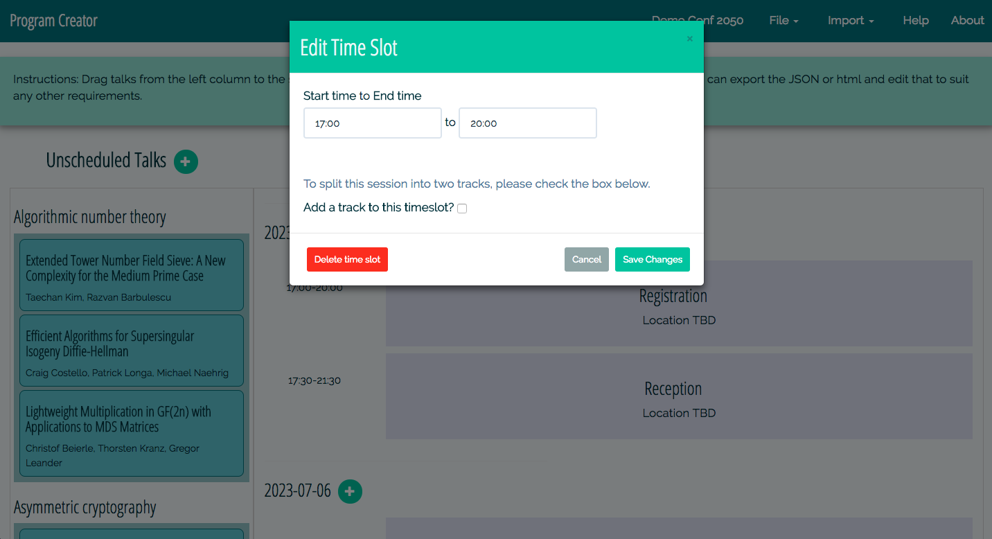 The modal for editing a time slot. From here you can also delete a time slot or split it into two tracks.