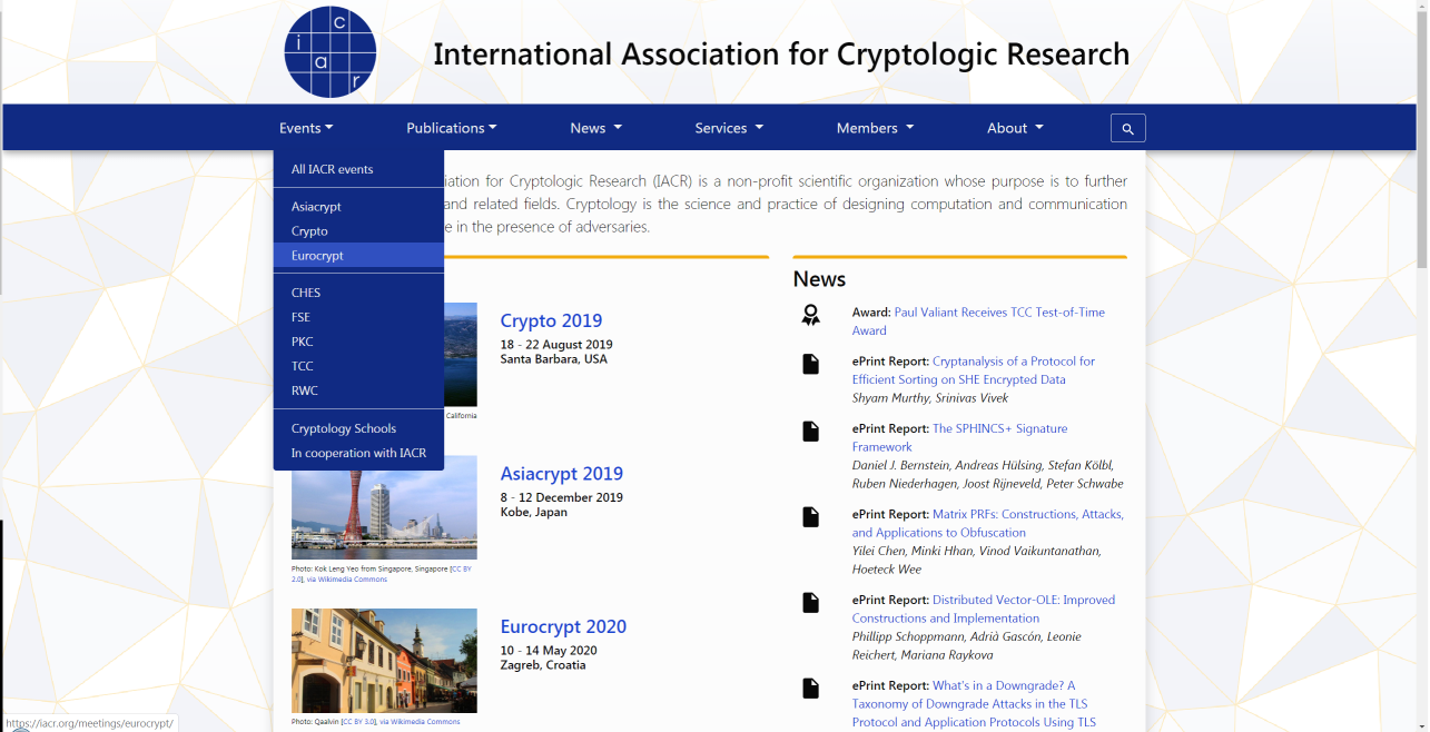 screenshot of the main IACR website