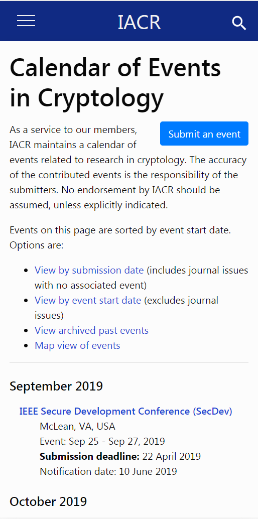 Mobile screenshot of the calender of events page.