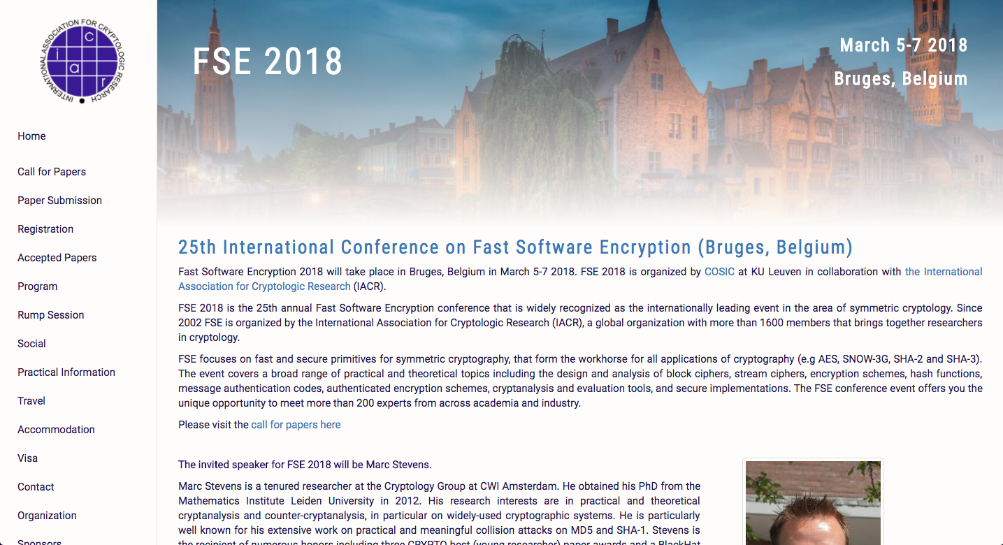 Screenshot of FSE 2018 conference website, done in soft shades of blue.