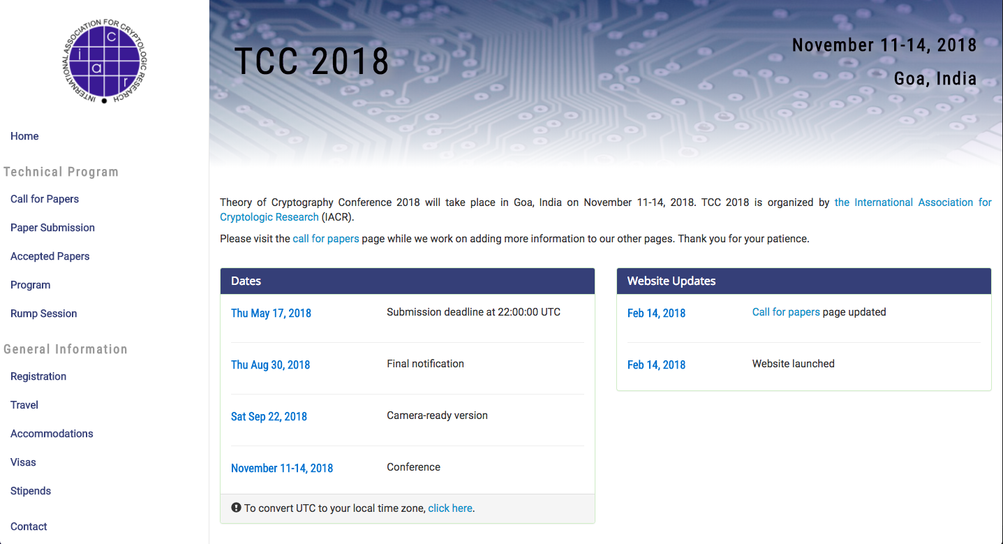 Screenshot of TCC conference website in gray and blue shades.